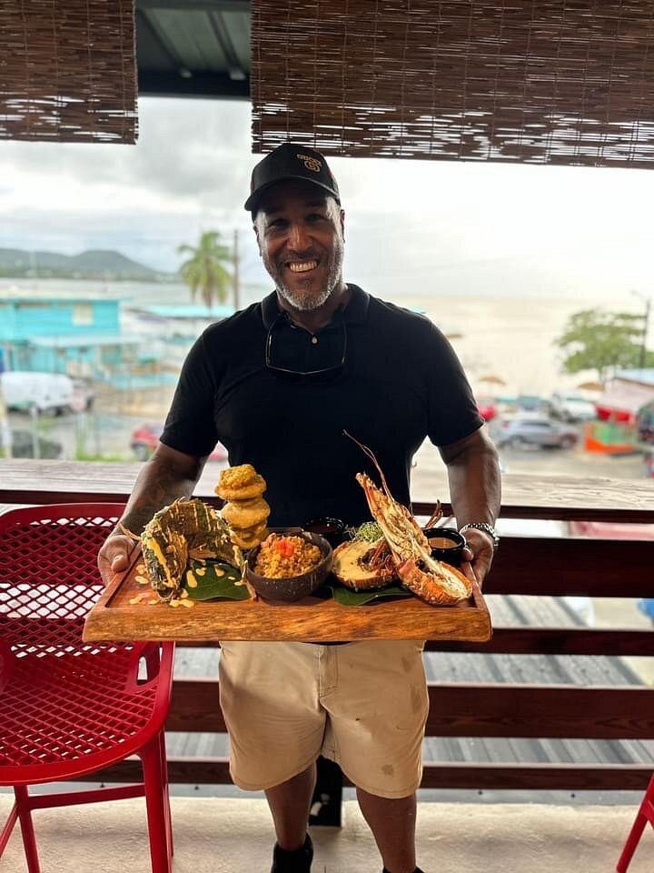 A seafood board on the open-air deck